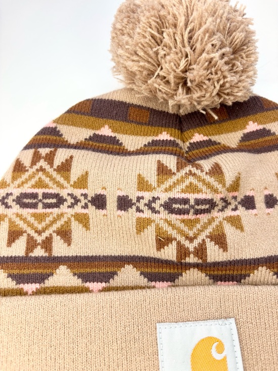 🔑Carhartt Tan & Brown Patterned Pom Beanie with Pink Accents - Picture 3 of 6